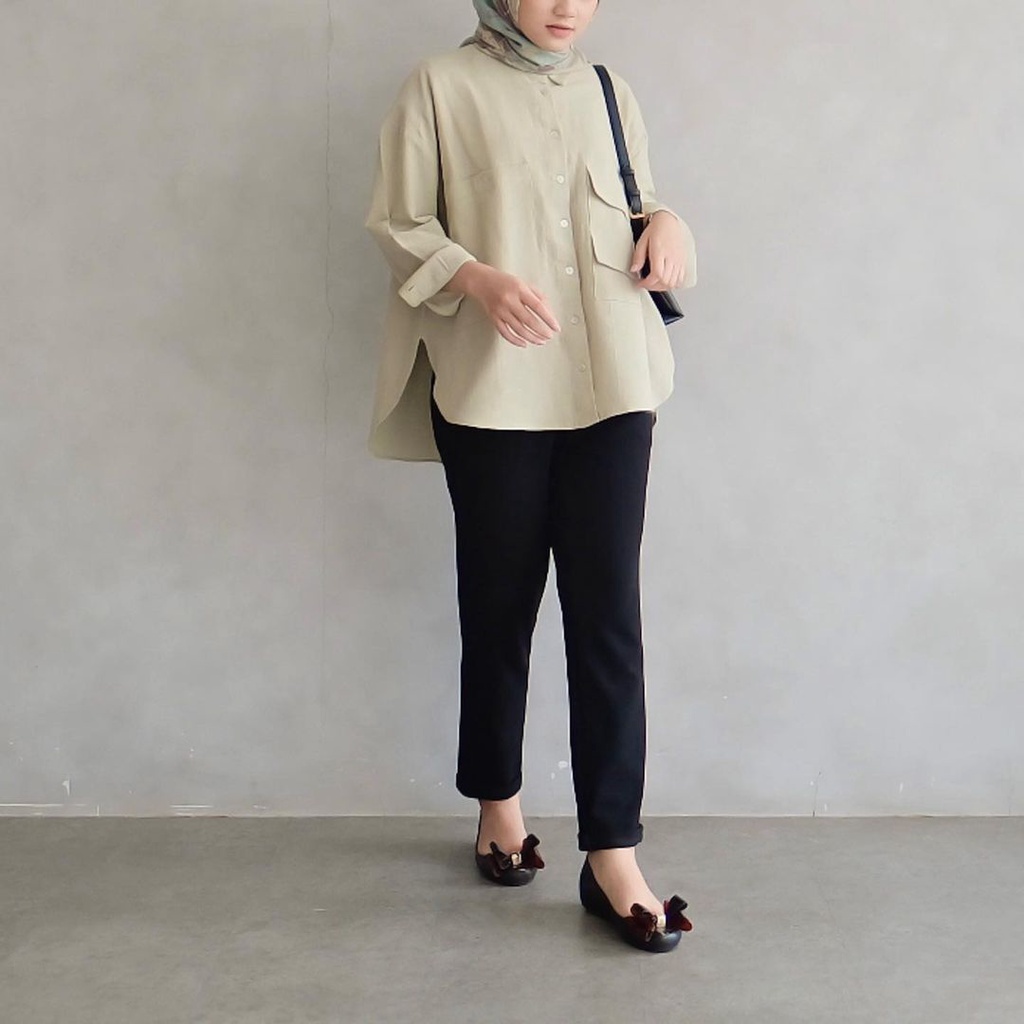 Luca Shirt Kemeja Basic Wanita Oversize Katun Linen Atasan Blouse Polos Lengan Panjang