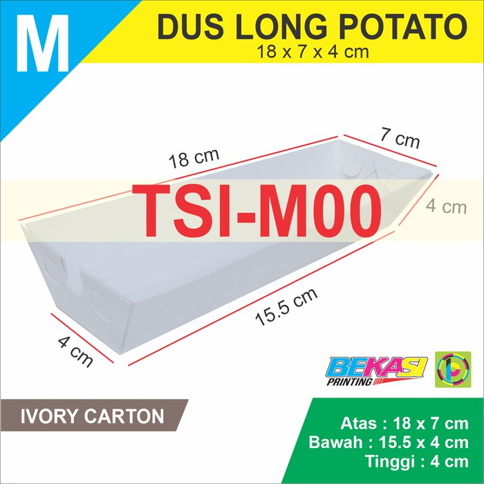 

Jual TSI-M00 Dus Long Potato / Box Kentang Size M 18 x 7 x 4 cm POLOS terbaik