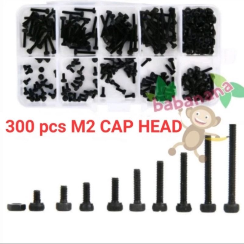 300pcs M2 cap head hexagonal socket screw nut kit carbon steel baut