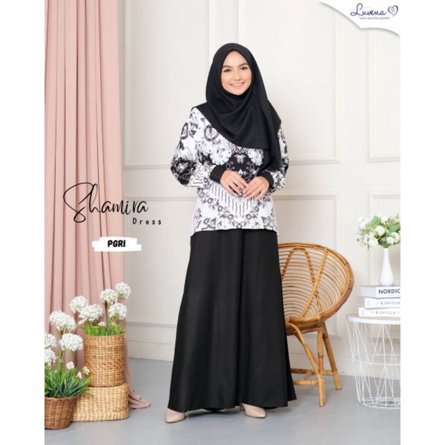 Shamira Batik Korpri PGRI Dress by Luvena Hijab - Bahan Katun Toyobo Warna Hitam Black