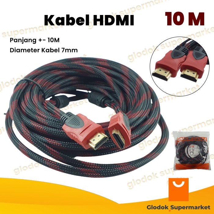 Kabel HDMI 10M Cable HDMI to HDMI Jaring Merah Hitam HDTV 10 Meter