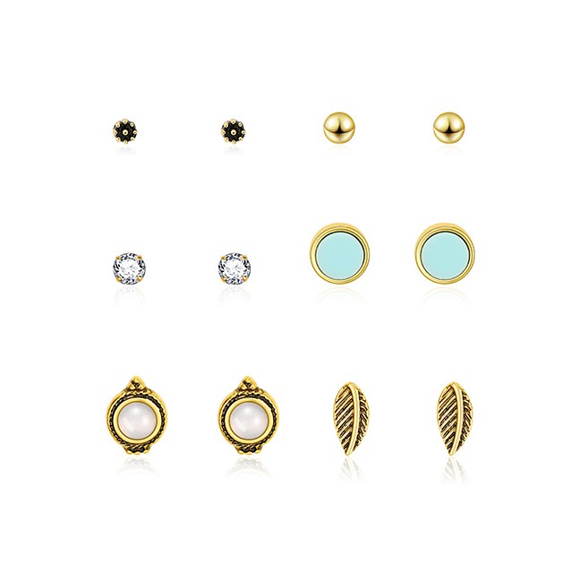 LRC Anting Set Fashion Gold Round Diamond Stud Earrings 6 Pairs F29780