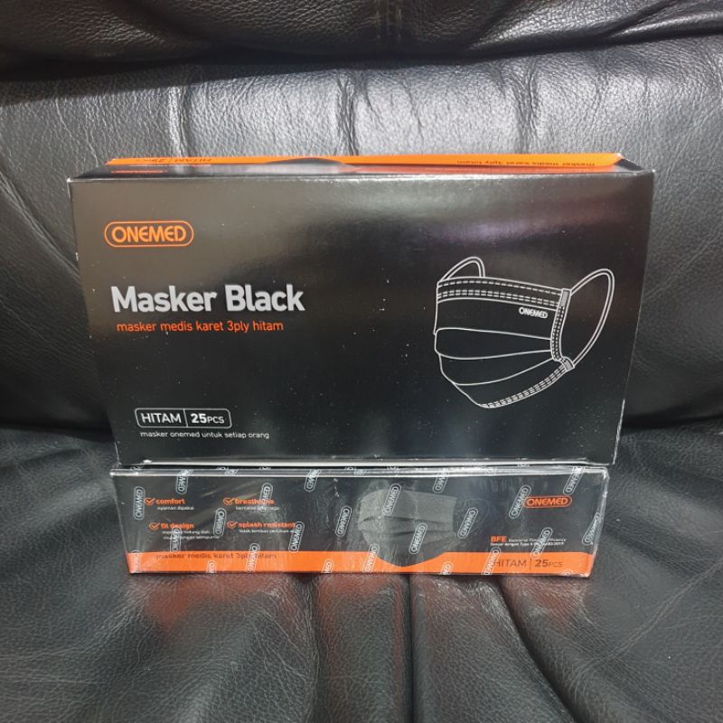 1 BOX MASKER KARET MEDIS ONEMED 3 PLY ALL BLACK 25 LEMBAR