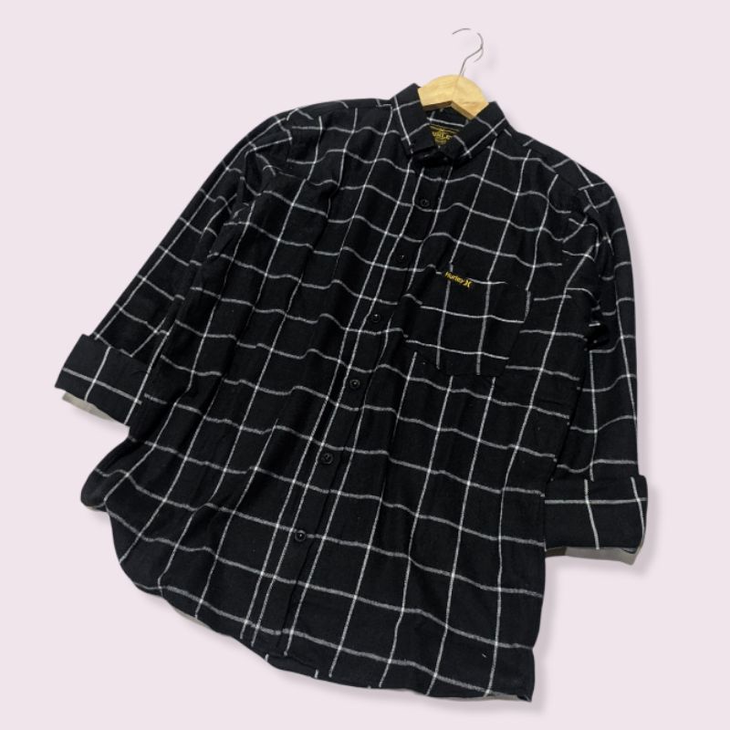 kemeja flanel kotak premium motif hitam garis putih
