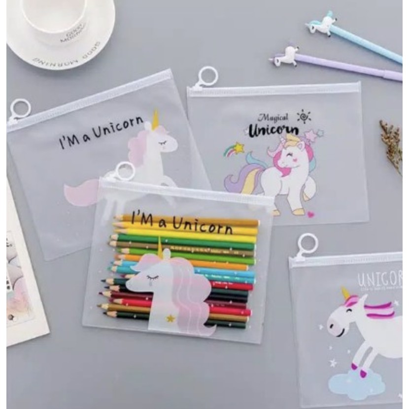 

Tempat Pensil Transparan Unicorn & Pink Panther / Map File Unicorn / Zipper Bag