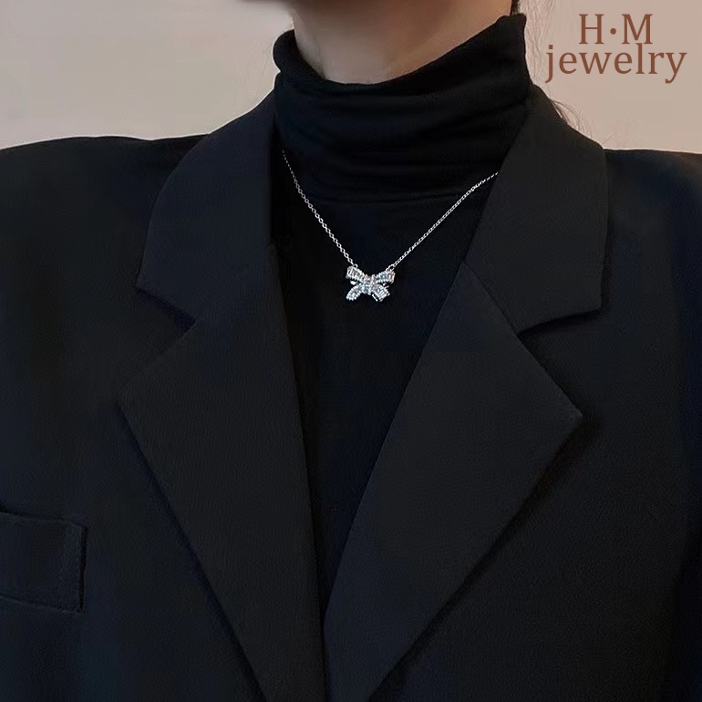 Kalung Rantai Liontin Pita Hias Kristal Zircon AAA Mewah Ala Korea Untuk Wanita 2022