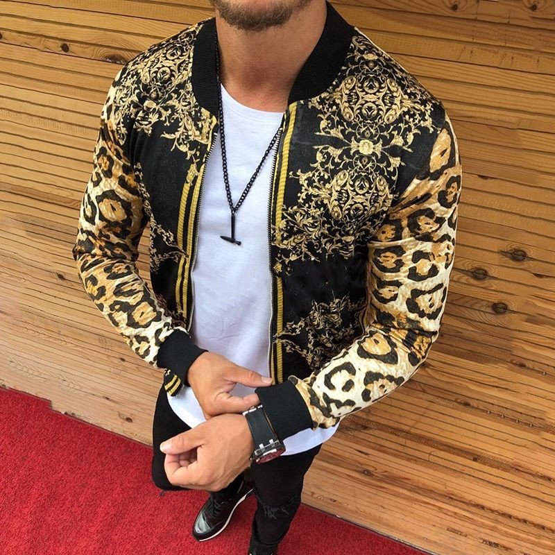 Jaket 2021 Eropa Amerika Pria Slim-Fit Leopard Cetak Round Leher Kasual mantel
