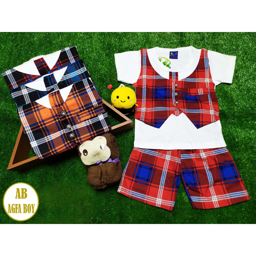 BAJU SETELAN KAOS ROMPI ANAK LAKI-LAKI MOTIF KOTAK MURAH