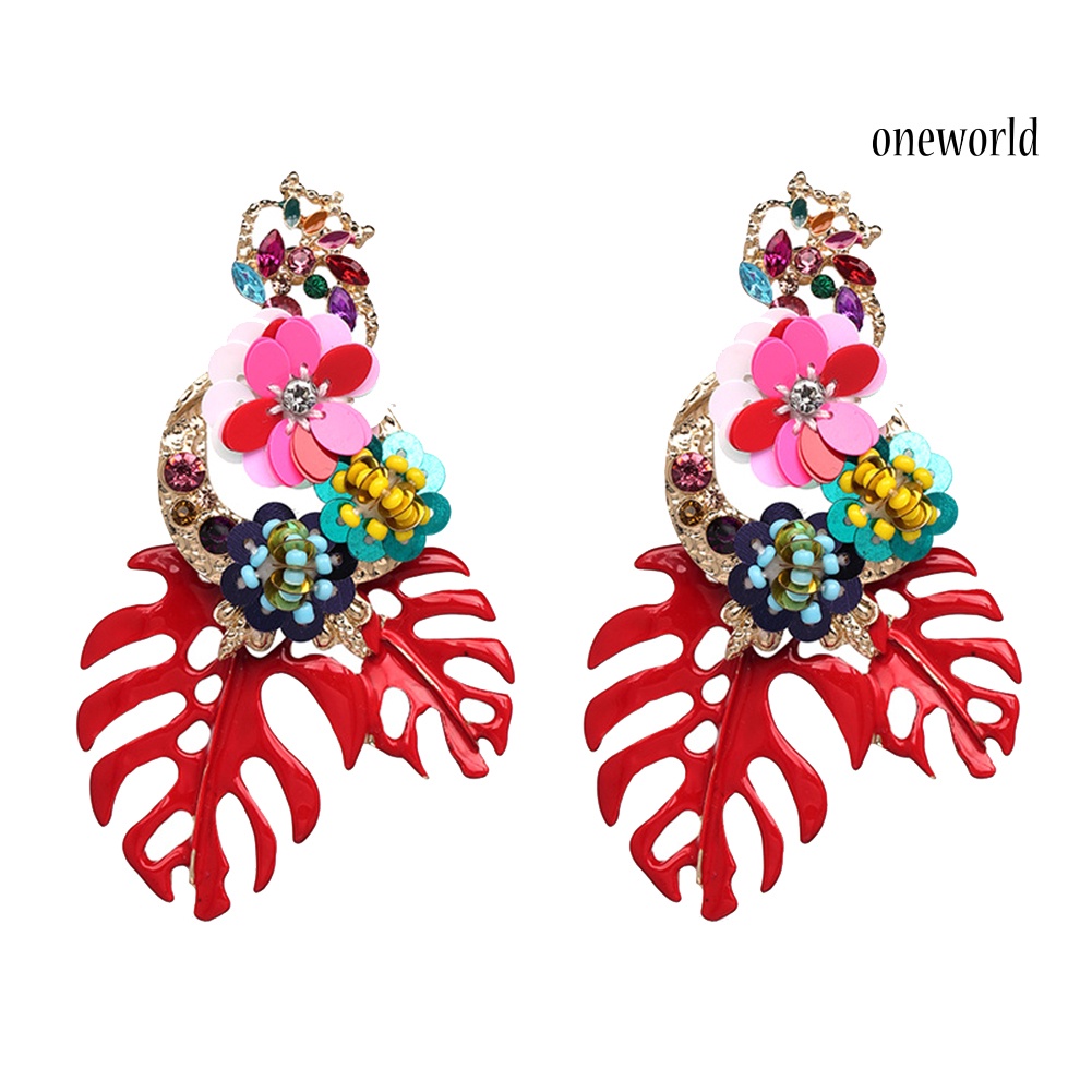 OW@ Vintage Women Leaf Flower Colorful Sequins Beads Rhinestone Statement Earrings