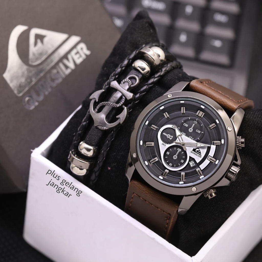 Jam Tangan Pria L21154S Tali Kulit Tanggal Aktif Free Box Exclusive Gelang &amp; Baterai