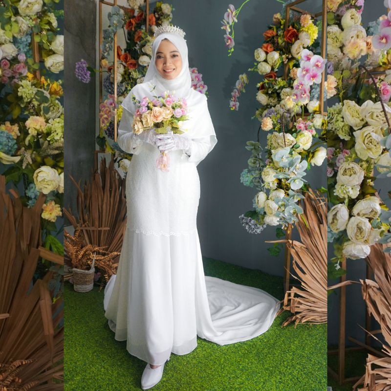 MALAYA DRESS LONG TAIL BYGIAGIO gaun akad simple gaun wedding pernikahan baju muslim putih dress lamaran elegan pakaian wanita pesta elegan fashion korea dres lebaran cantik anggun mewah nyaman gaun vintage fashion dress bahan lace brokat baby doll furing