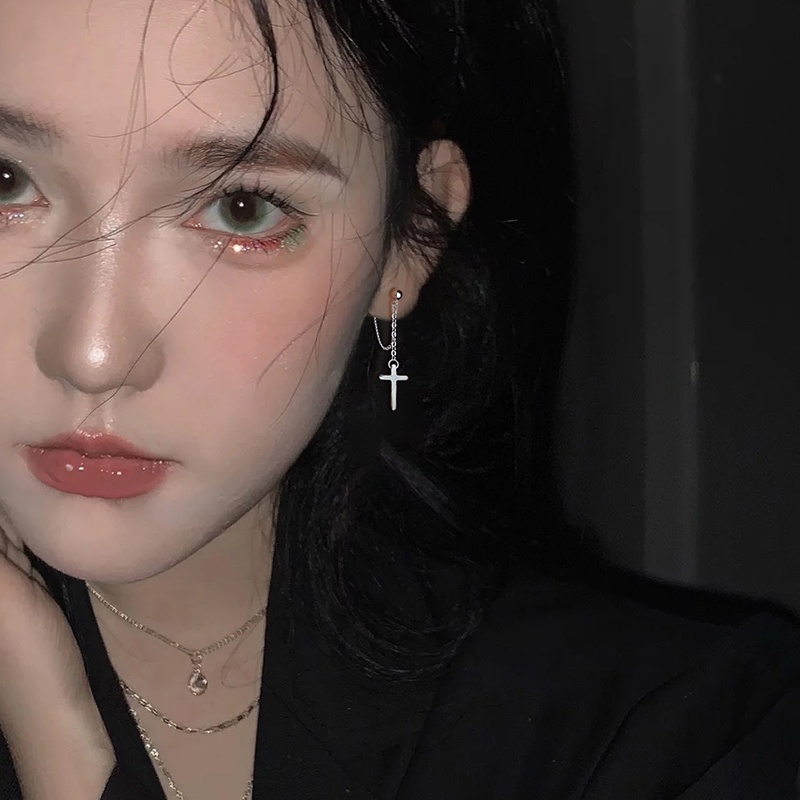 Roselife Silver Cross Tassel Chain Dangle Earrings for Women Fashion Ear Jewelry 1 Pair