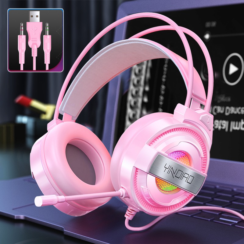 Gaming Headset Pink Cute Lucu Headphones Wired Game Stereo Bass with