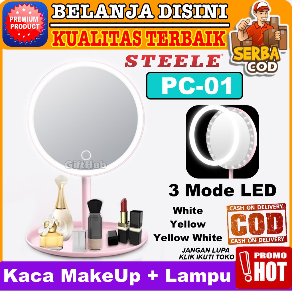 Steele Lampu LED Cermin (Cosmetic Led Mirror) PC-01 Kaca Make Up + LED Touch Screen USB Rechargeable