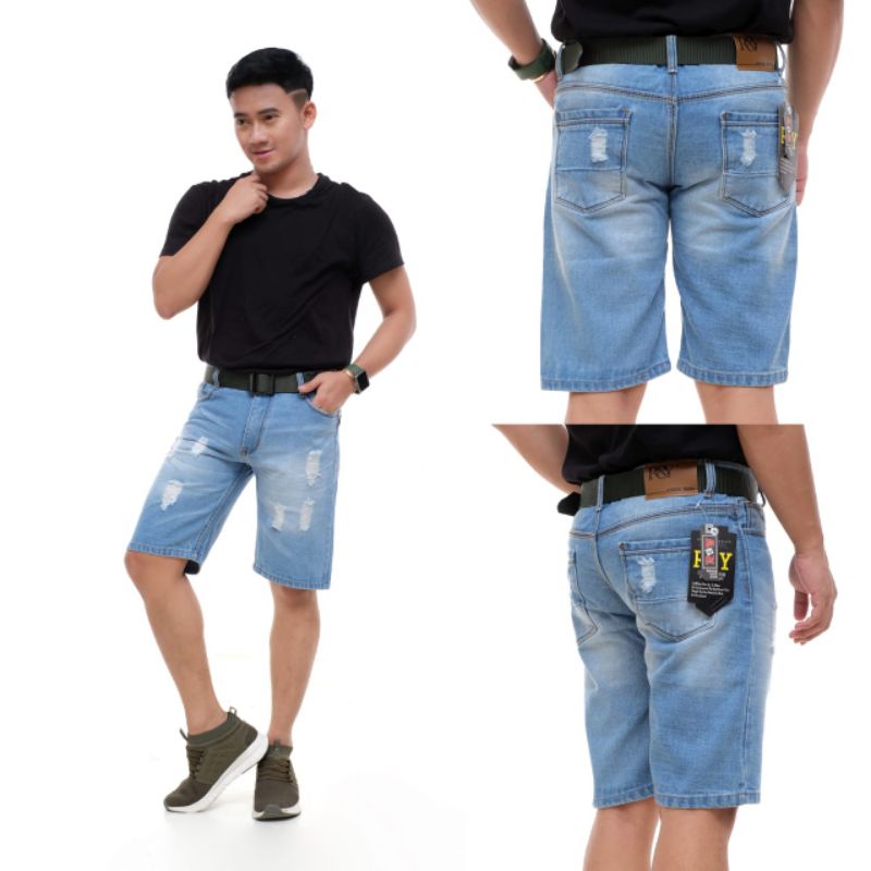 YAOSHI - Celana Pendek Jeans Cowok - Denim Pendek Motive Ripped Kasual