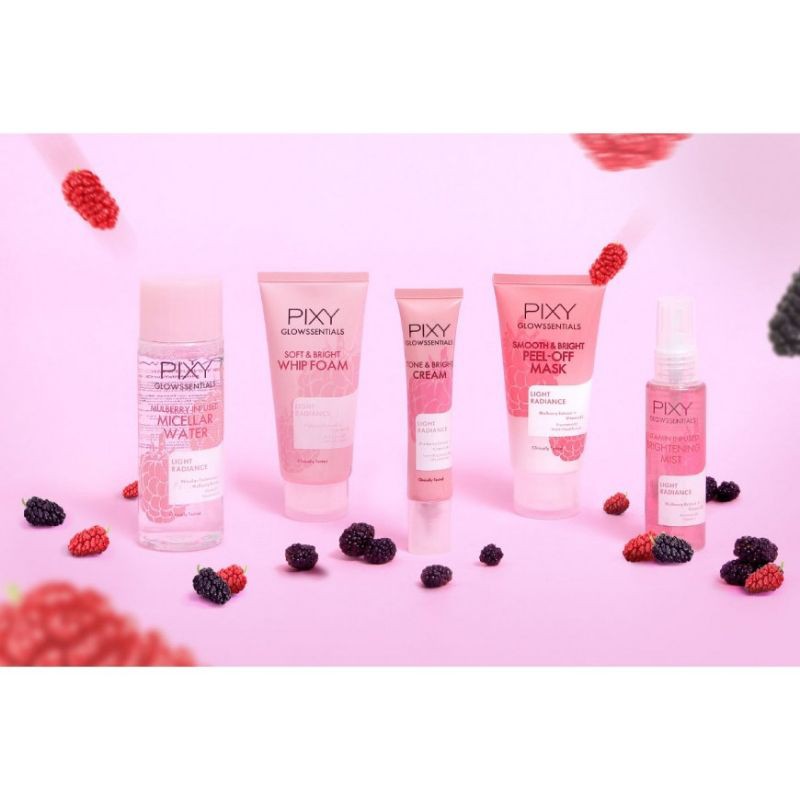 Pixy Glowessentials Light Radiance Series Mulberry Infused Micellar Water 145ml | Vitamin Infused Brightening Mist 60ml | Tone &amp; Bright Cream 20gr | Smooth &amp; Bright Peel Off Mask 60gr | Soft &amp; Bright Whip Foam 60gr