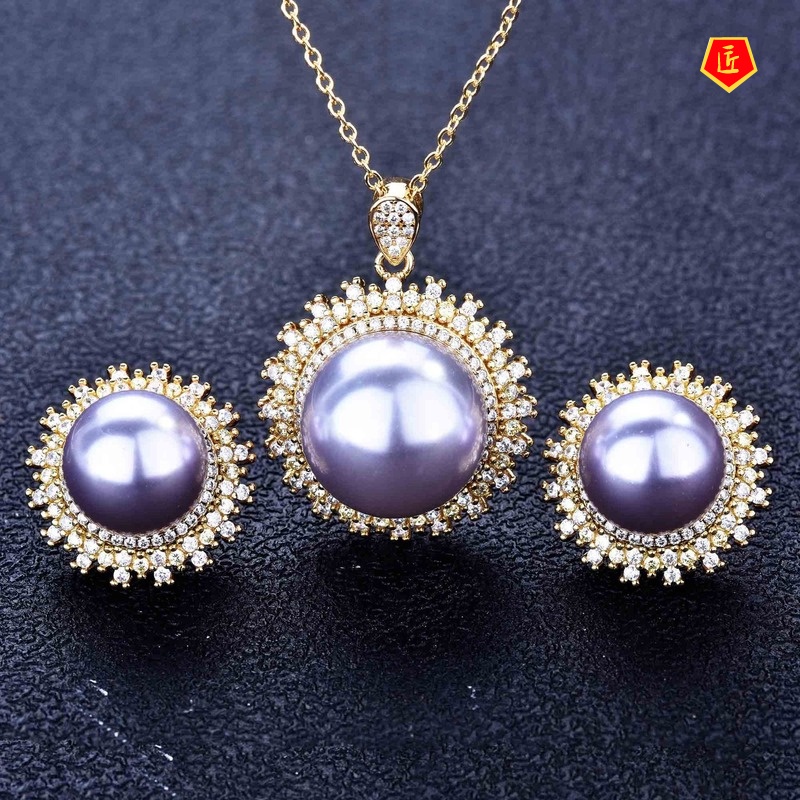 [Ready Stock]Luxury Jewelry Freshwater Pearl Necklace Set Ear Stud and Ring