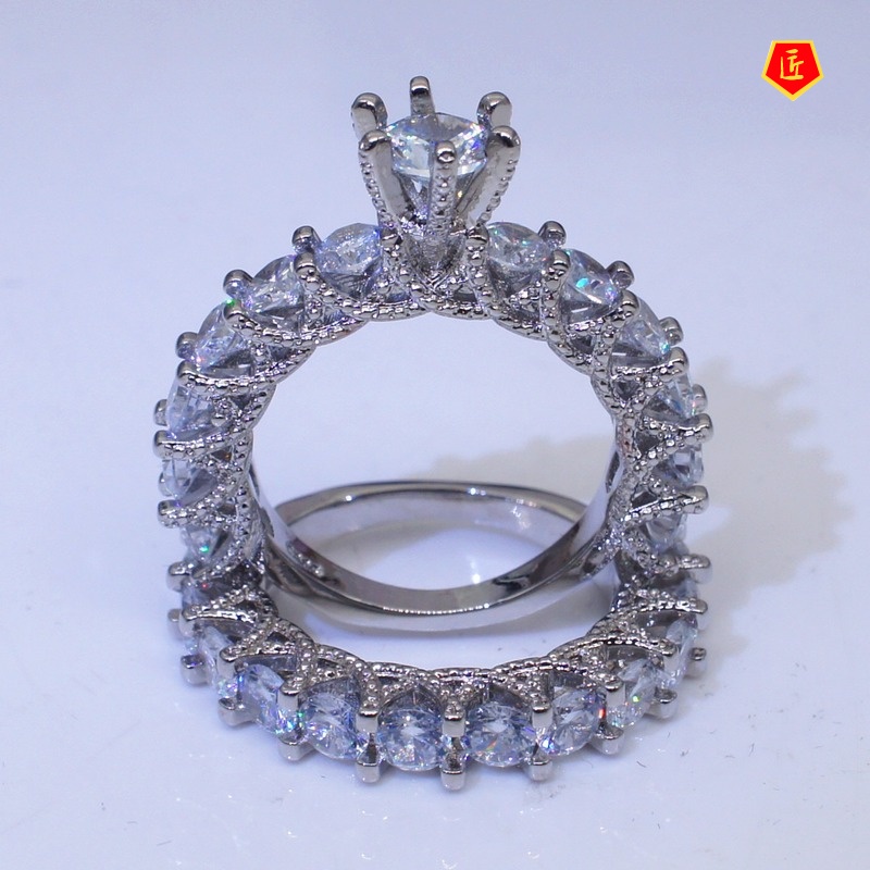 [Ready Stock]Classic round Full Diamond Ring Set Luxury Fashion