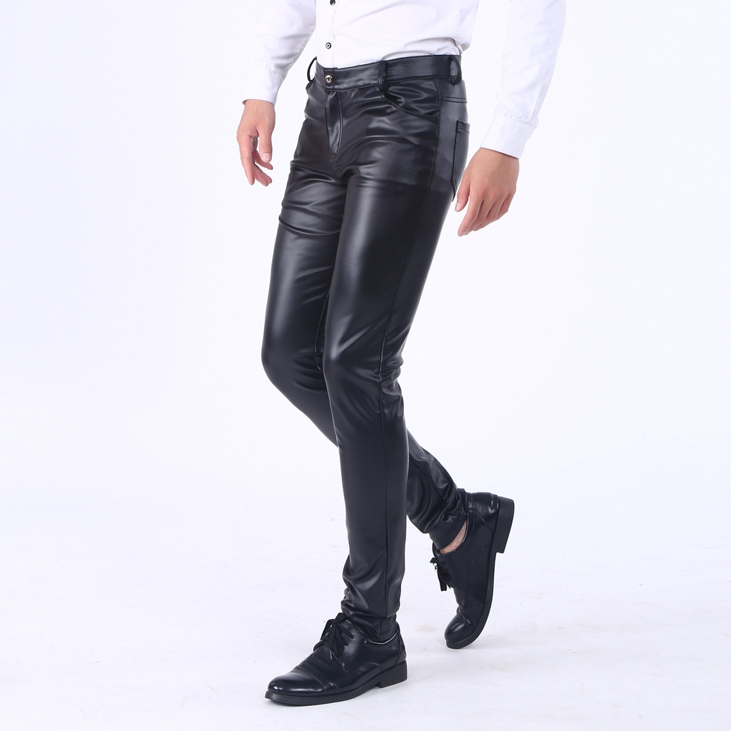 Celana Pria Casual    Korea Slim Fit Celana Kulit Pria Kurus Celana Ketat Elastis Tren Sepeda Motor 