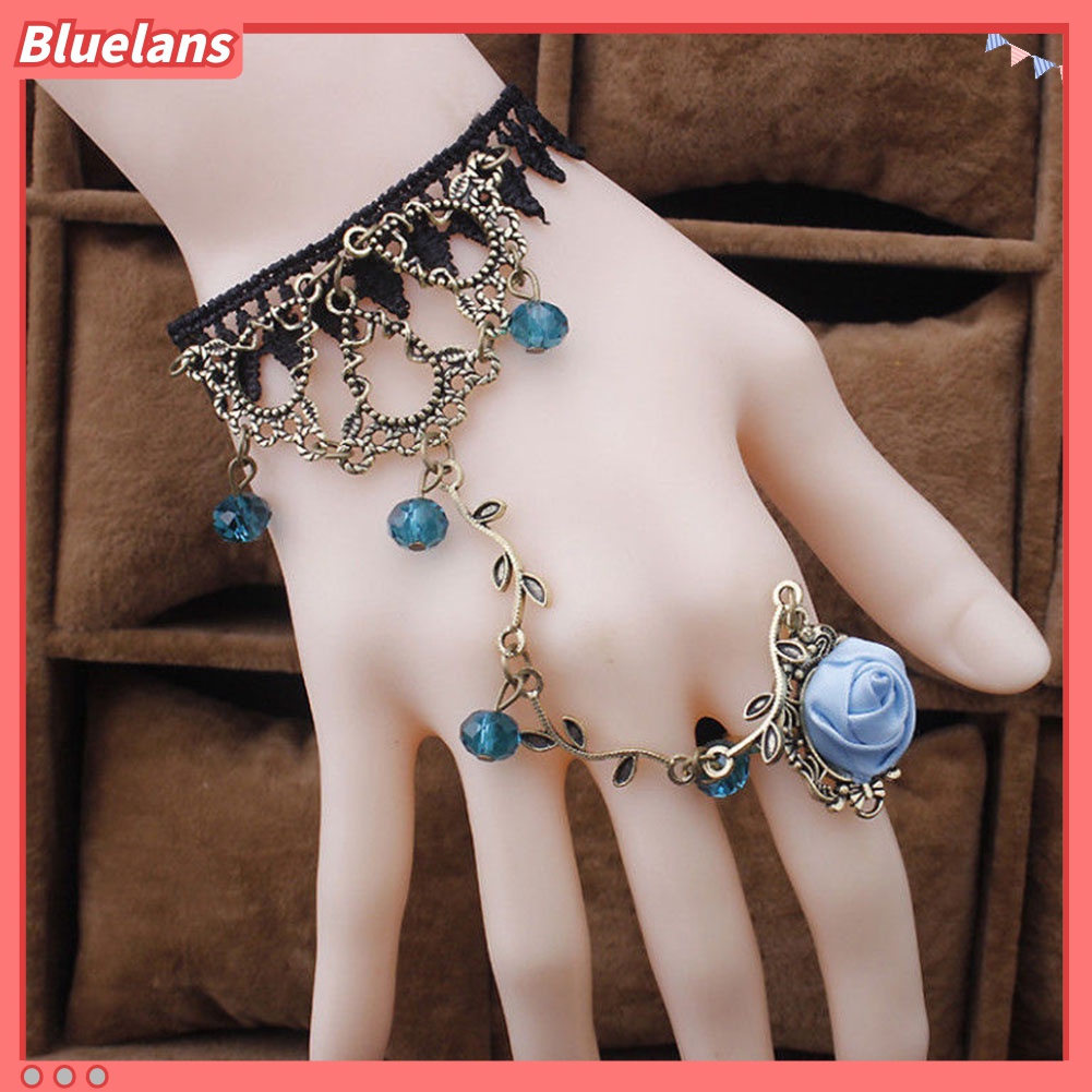 Bluelans Gelang Tangan Sambung Cincin Bahan Lace Motif Bunga Gaya Gothic Untuk Wanita