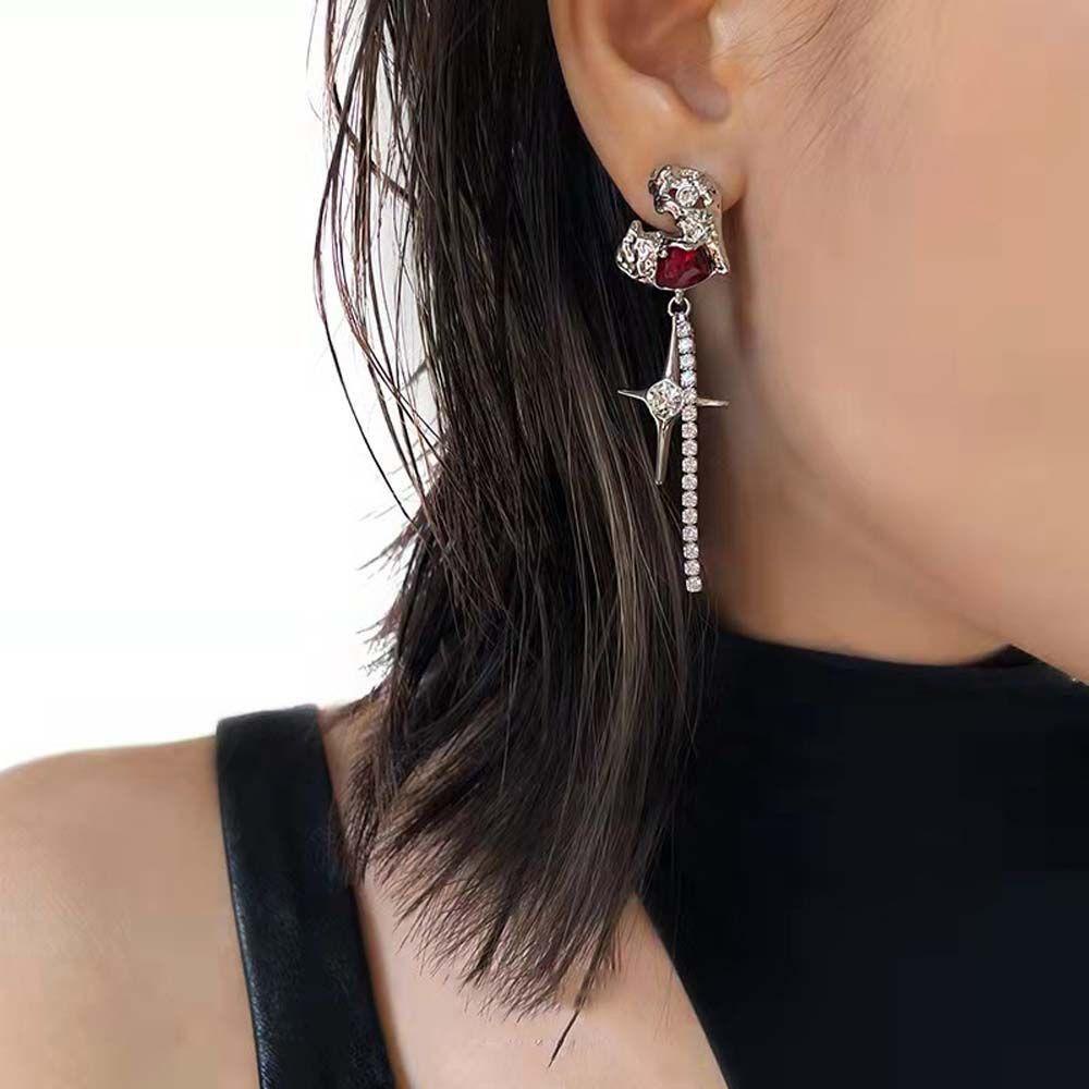 Mxbeauty Cinta Hati Anting Kepribadian Elegan Wanita Hadiah Lava Merah Berlian Imitasi Salib Menjuntai Anting-Anting