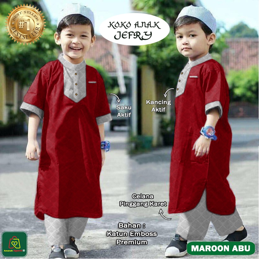 Setelan Baju Muslim KOKO ANAK JEFRI Bahan Katun Emboss Premium Ukuran XS - L Usia 2 - 15 Tahun / 21143-21151