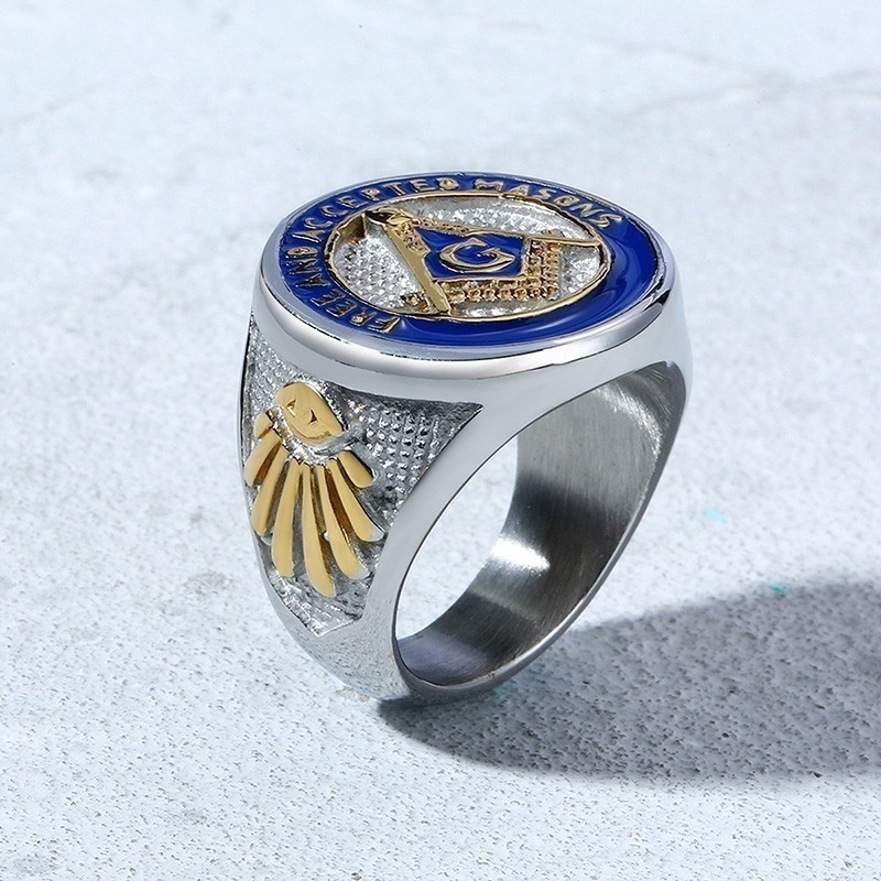 New Arrival Fashion Blue Lodge Tricolor Icon Silver Color Band Freemason Ring Blue Masonic Symbol Masonic Jewelry Size 7 8 9 10 11 12 13 14