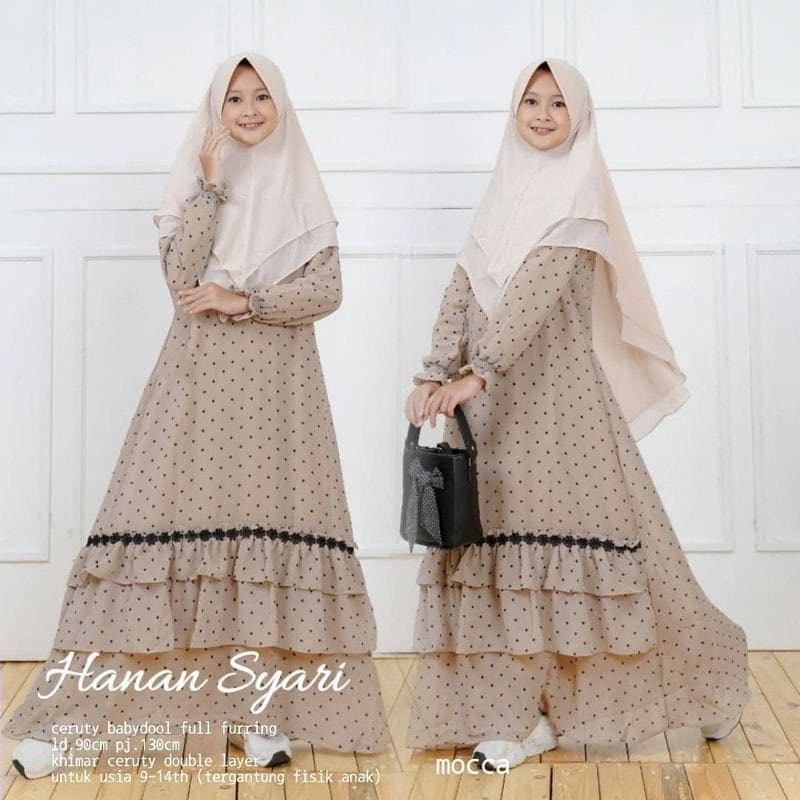 Gamis Anak Syari Murah Hanan Syari Kids Bahan Ceruty Babydoll Motif Polkadot Terbaru dan Terbagus An