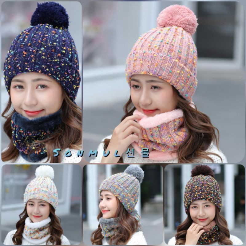 WOMAN WINTER KNIT BEANIE POMPOM + HAT ONE SET IMPORT TOPI KUPLUK + SYAL WANITA RAJUT MUSIM DINGIN