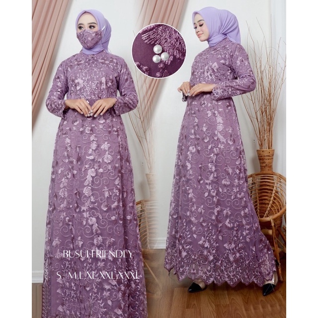 Gamis Haira Termurah (Free Masker Brukat) Gamis Lebaran Full Brukat Tile Mutiara  / Size S-M, L , XL, XXL,XXXL  / Gamis Pesta / Gamis Kondangan / Gamis Brokat Muslimah