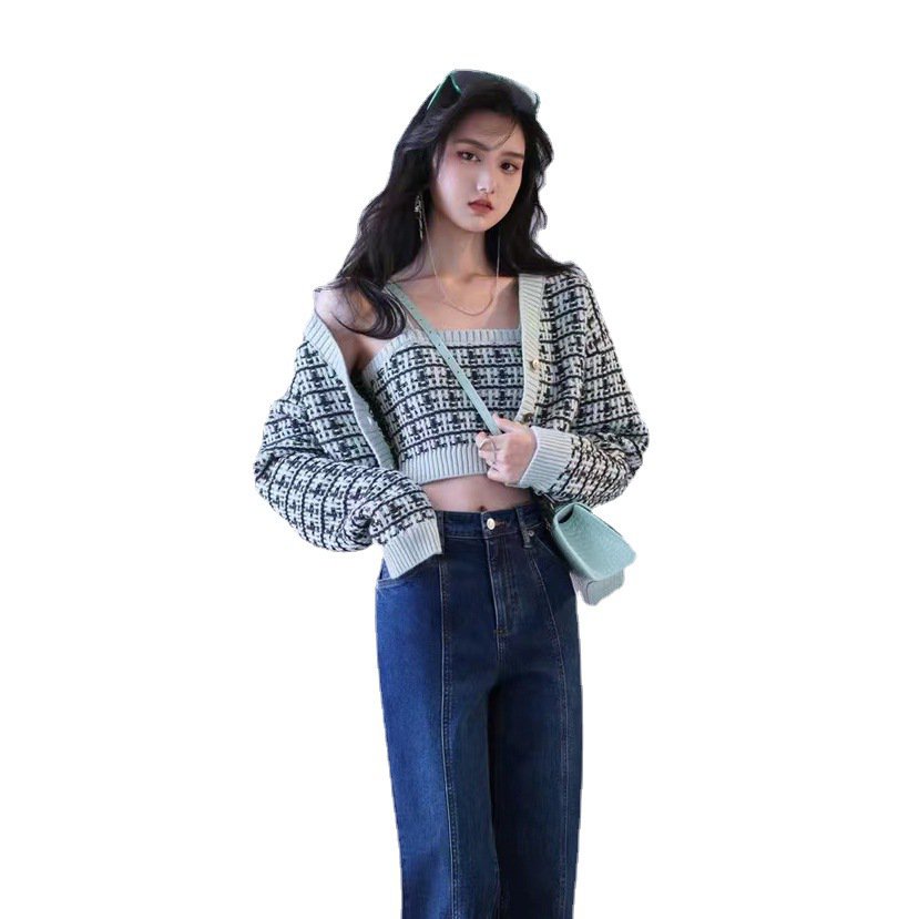#Sisjuly# Pakaian Rajut Wanita Baru Kotak-kotak Pendek Lengan Panjang Rajutan Dua Potong Jaket Pakai