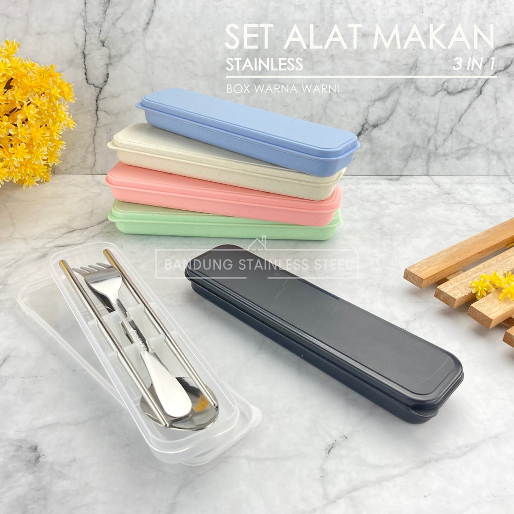 Sendok Garpu Sumpit Set Alat Peralatan Makan Stainless Steel box warna warni 3 in 1