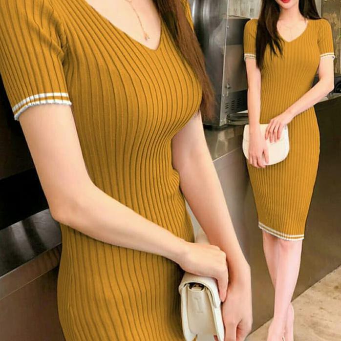 MINI DRESS V RAJUT MINIDRESS KNIT BAJU WANITA CREME MAROON PINK