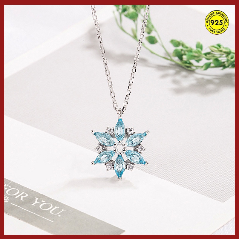 Kalung Rantai Sterling Silver 925 Liontin Snowflake Hias Berlian Biru Untuk Wanita / Musim Panas