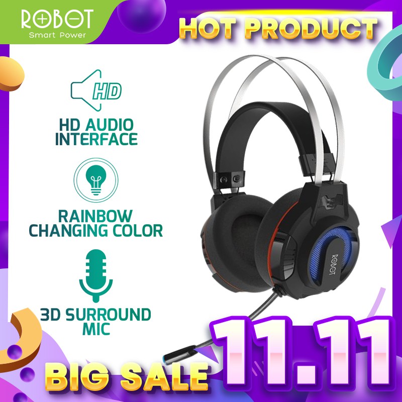 ROBOT RH-G20 Headphone Gaming Wired Headset Wired Earphone 7 LED Extra Bass original