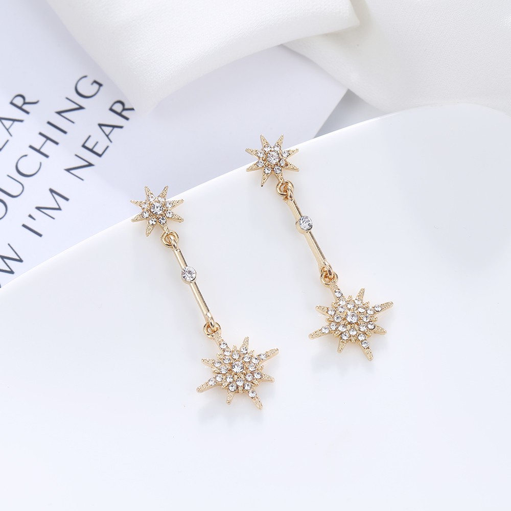 Anting Stud Panjang Desain Bintang Delapan Bahan 925 Silver Needle Gaya Korea Untuk Wanita