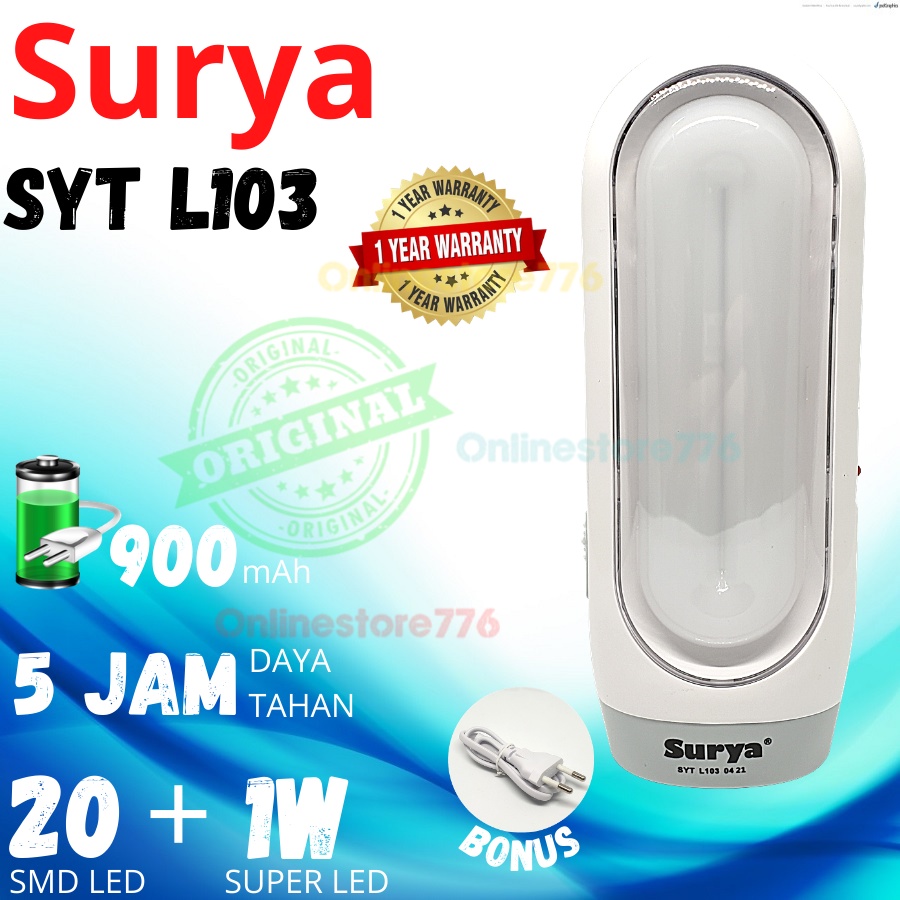 LAMPU SENTER EMERGENCY LED SURYA SYT L103 / SENTER DARURAT SURYA SYT L103 / CAHAYA PUTIH / RECHARGEABLE