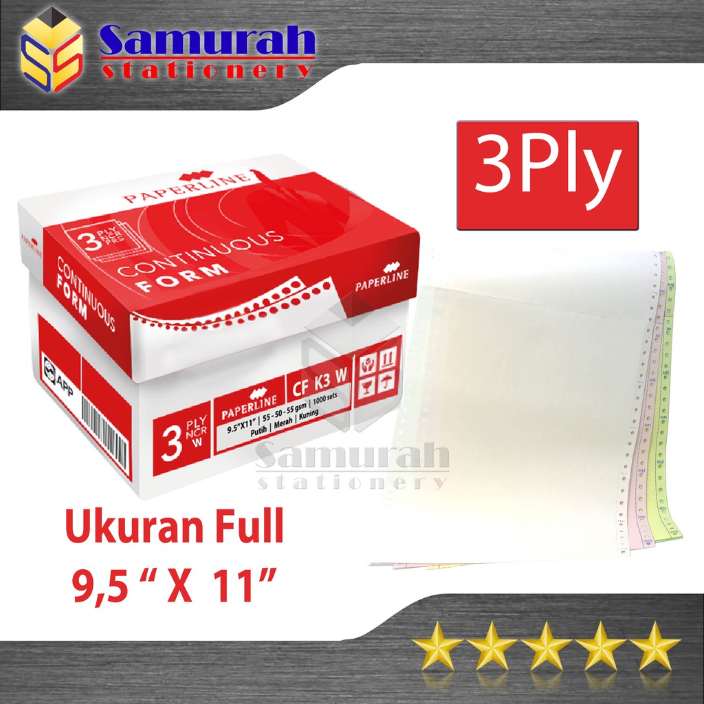 

Kertas Continuous Form Paperline 9,5 x 11 K3 W Full 3 PLY NCR / 9,5 x 11/2 K3 W PRS ( Warna Bagi 2 )