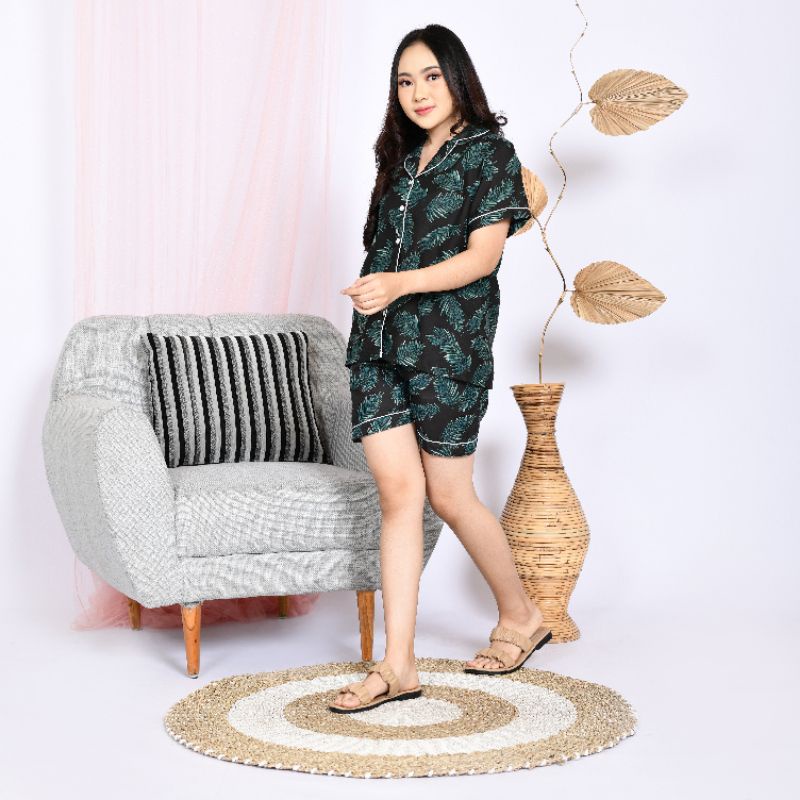 Baju Tidur Piyama Wanita/Cewek Pajamas Dewasa Katun Motif Coco Daun Lengan Pendek Kekinian