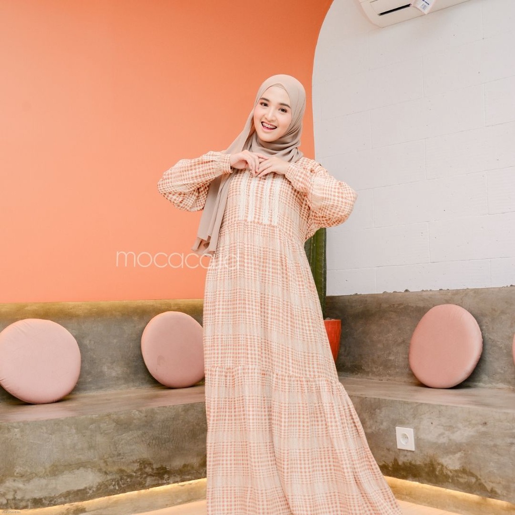 dress ootd hijab rayon motif premium renda dan sleting busui friendly lengan kerut kotak legend