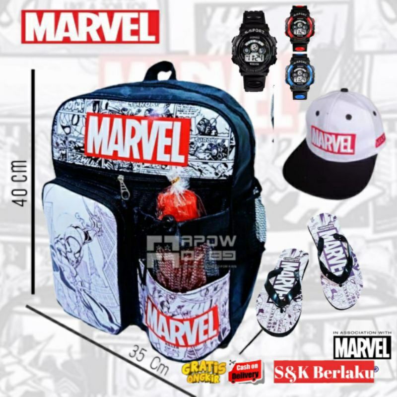 Paket Hemat kumplit Tas Ransel sekolah Karakter Marvel Topi baseball_Jam tangan digital