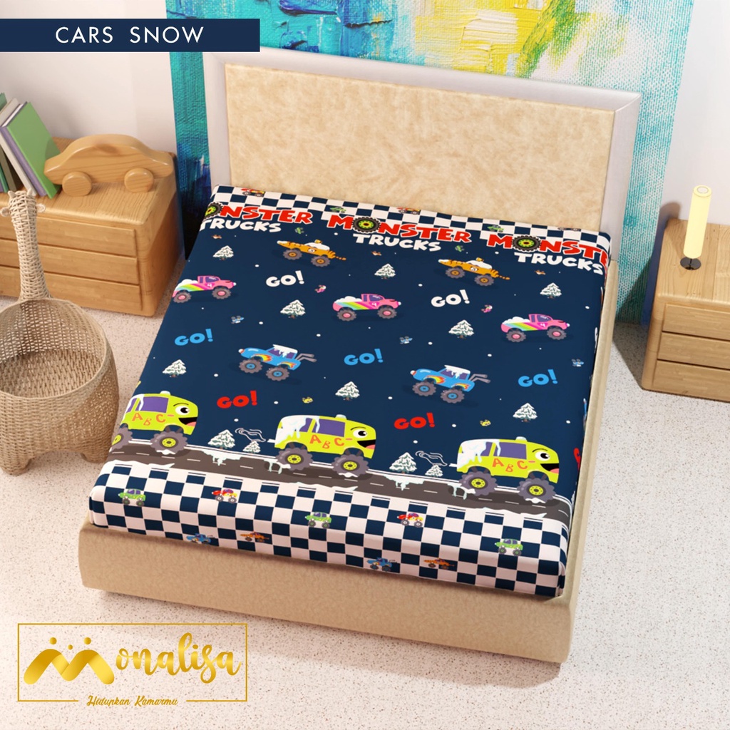 SPREI WATERPROOF MONALISA MOTIF KARAKTER UKURAN 180X200,160x200-car snow