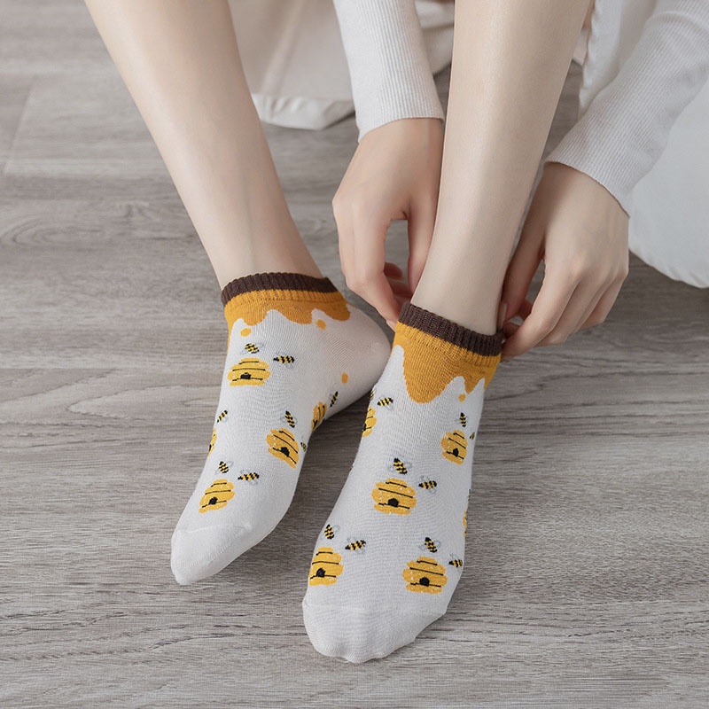 Kaos Kaki Wanita Fashion Motif Lebah | Kaos Kaki Pendek Korea Socks Import