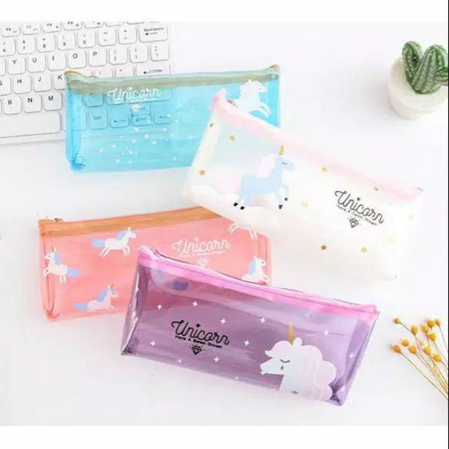 

Pencil case karakter unicorn lucu transparan waterproof tempat alat tulis kotak pensil pouch anak