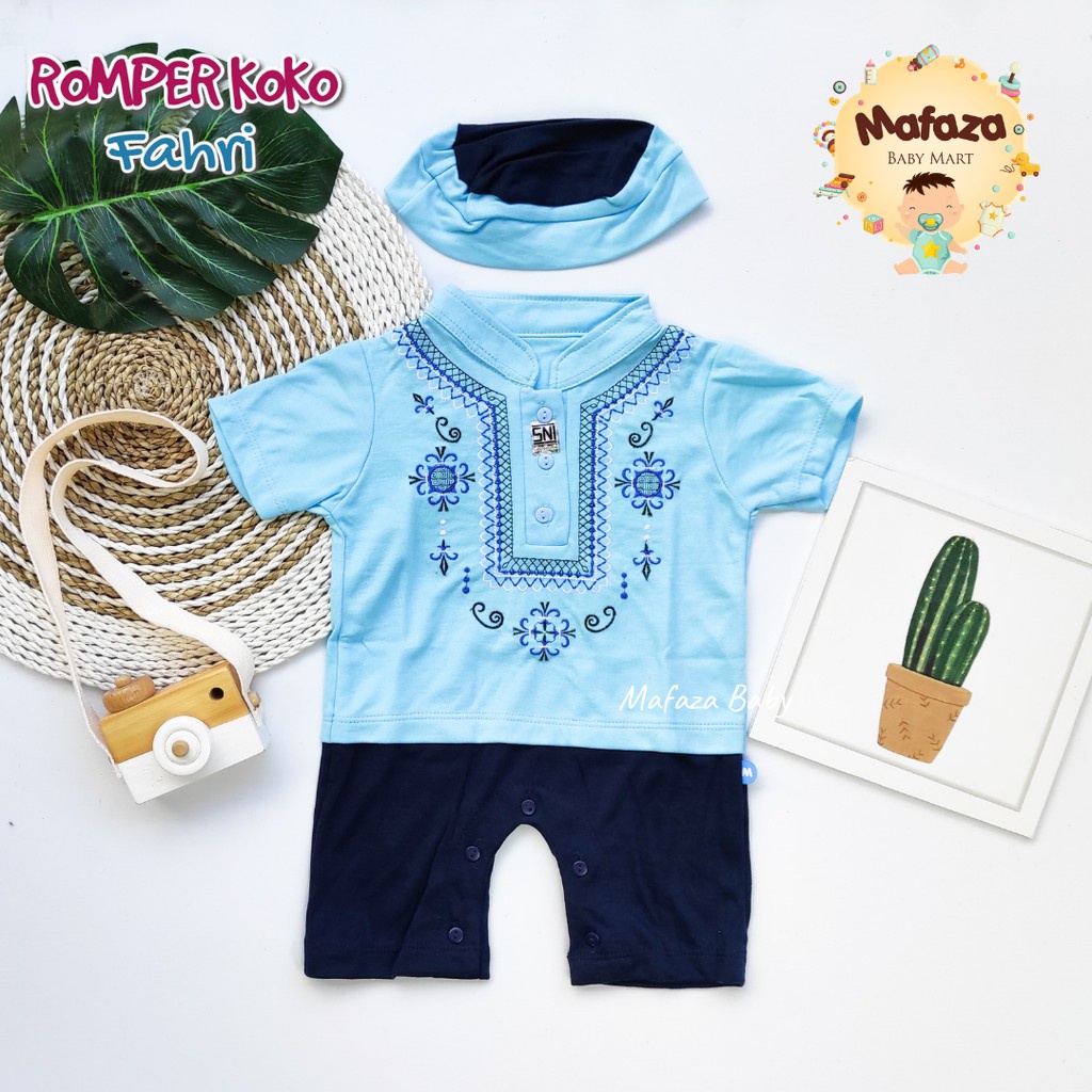 MAFAZABABY Set Jumper Romper Koko Bayi Baju Muslim Anak Bayi Laki-laki Newborn Koko Aqiqah(0-6bulan)-Fahri (biru)