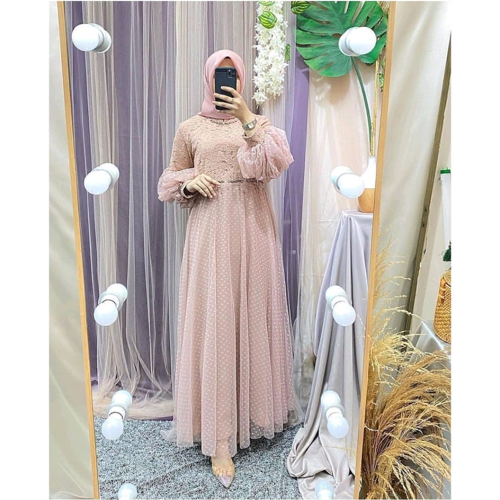DRESS PESTA / Baju Gamis Wanita Original Maxi Sasa Matt Brukat Full Tile Dot Gaun Pesta Wanita Musli