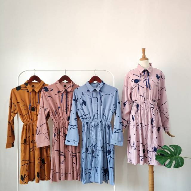 Dress bunga abstrak prisket plisket pleated import bkk hk chn bangkok china