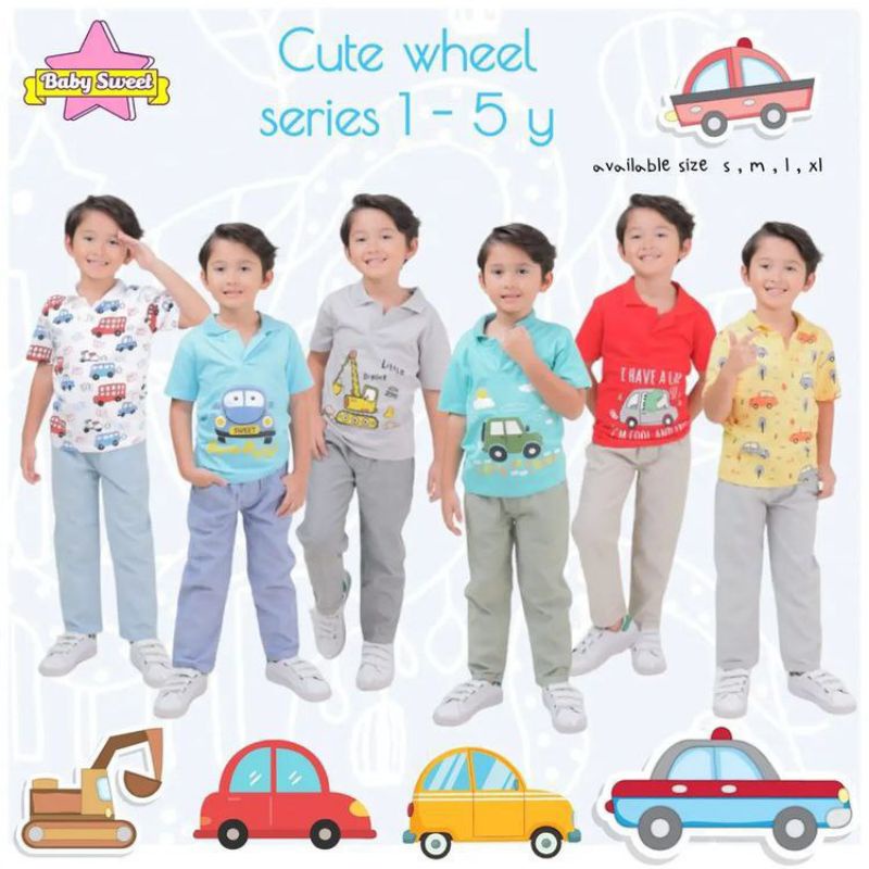 S-XL (Est. 1-5T) Set Cute Wheel Series by Baby Sweet / Setelan Kemeja Anak Cowok