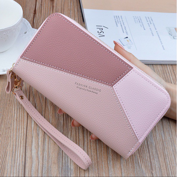 DOMPET WANITA 2 RESLETING CORYTA WA121P3 KULIT PREMIUM PINK BESAR IMPORT KOREA PANJANG TALI FASHION