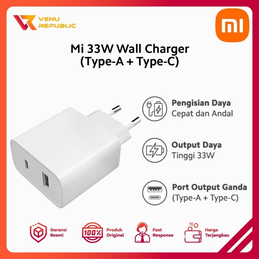 Xiaomi Mi 33W Wall Charger Type A + Type C Charger Kepala HP Original